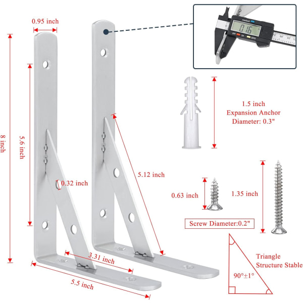 Massive Hyldebeslag 8 Tommer, L-Beslag Heavy Duty Hyldebeslag, Rustfrit Stål Vinkelbeslag Maks. Belastning 440lbs, Pakke med 2 (Sølv)
