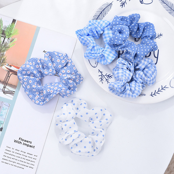 Blå Ternet Hår Scrunchies til Kvinder, Bandana Scrunchies, 5PCS Bandana Scrunchy Hår Elastikker, Scrunchies Hår Elastikker til Kvinder. (Blå Ternet)
