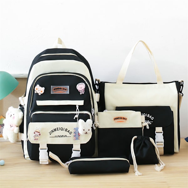 Kawaii ryggsekksett med 5 deler estetisk ryggsekk for skole tenåringsjenter daglige nødvendigheter med sjarm og pins, pennal, tote bag, liten veske.