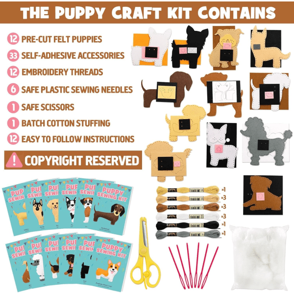 Puppy Craft Kit - Lasten DIY-askartelu- ja ompelusetit Koiran pehmolelu Huopa Plushie Tytöille ja pojille Koulutusaloittelijoiden ompelusetit Ompelusetit