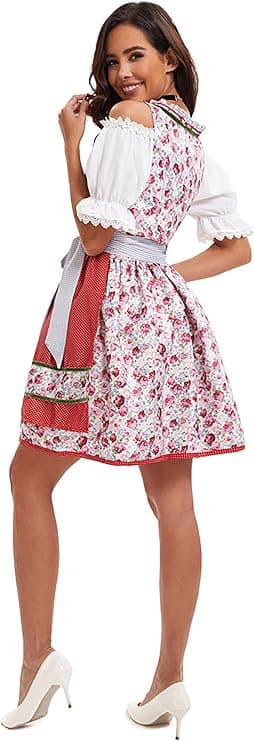 Dirndl til kvinder, traditionel midikjole til kvinder, dirndl-kjole med blonder inkl. dirndl-bluse og dirndl-forklæde, 3 dele, til Oktoberfest og red S
