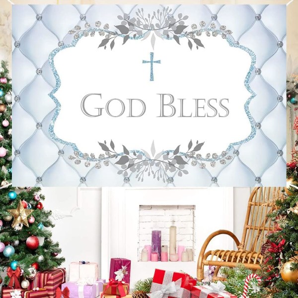 Gud velsigne bakteppe gutt første nattverd dåp dåp bakgrunn sølv og blå Gud velsigne nyfødt baby shower nattverd dekorasjon banner