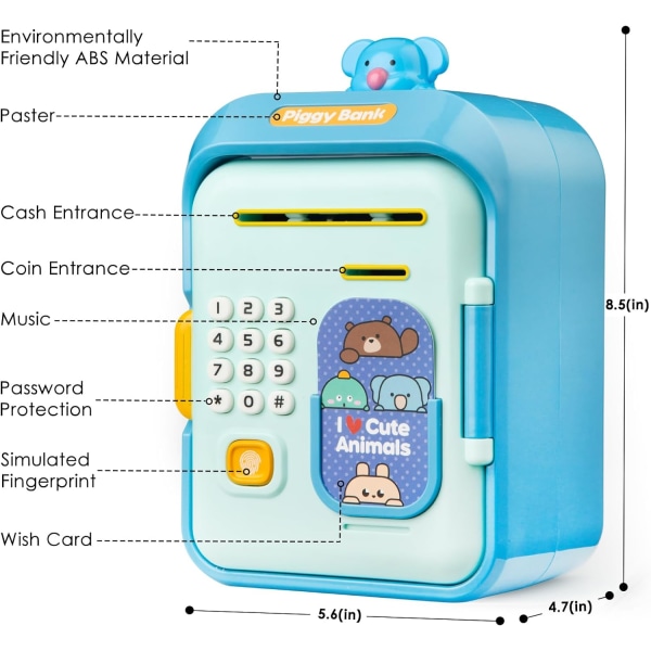 Sparebøsse for barn gutter kontanter, barn blå minibank sparebøsse trygt for gutter barn ekte penger, passord elektroniske sparebøsser