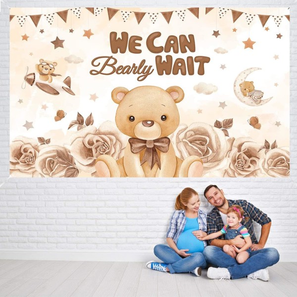 Nydelig bjørn vi kan knapt vente bakteppe Teddy Bear Baby Shower kakeborddekorasjon banner gutt jentefest Baby Shower dekorasjoner bannerrekvisita