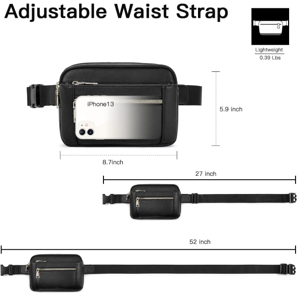Fanny Packs för kvinnor Cross Body Bag Läder Bältesväska Fashionable Midjeväska med justerbar rem Svart