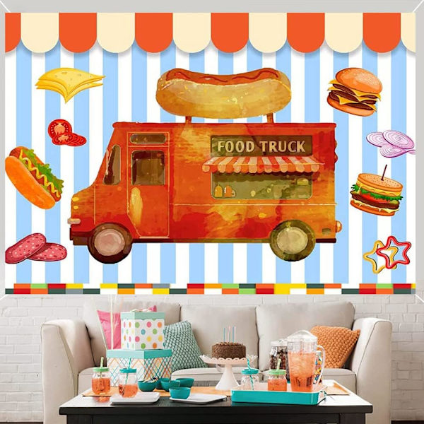 Food Truck Fotografi Bakgrund Burger Hot Dog Ost Skinka Lök Bakgrund Fest Dekorationer Baby Shower Födelsedagstårta Bordsdekorationer Banner