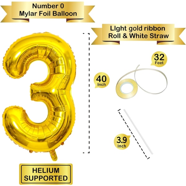 40 tommer gull helium mylar folie nummer ballonger, nummer 3 ballong for bursdagsdekorasjoner for barn, jubileumsfestdekorasjoner