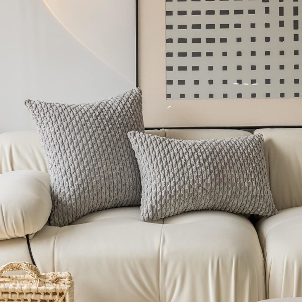 Sett med 2 Supermyk stripete kordfløyel, dekorative euro-puteputer Sham-putetrekk for seng, 20x20 tommer (50 cm), lys grå