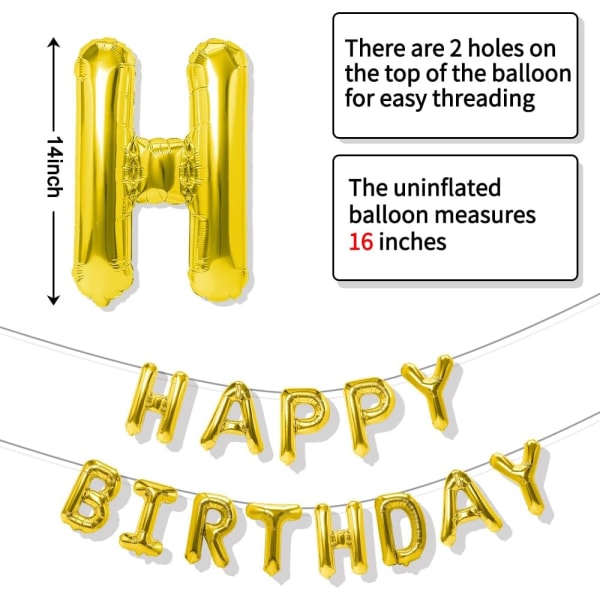 Tillykke med fødselsdagen balloner banner, 16 tommer mylar folie ballon bogstaver fødselsdagsskilt banner, genanvendeligt guld fødselsdagsballoner sæt Fødselsdagspynt