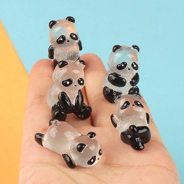 Set of 2 Mini Luminous Panda Figurines - Miniature Potted Decoration - Glow-in-the-dark Miniature Flower