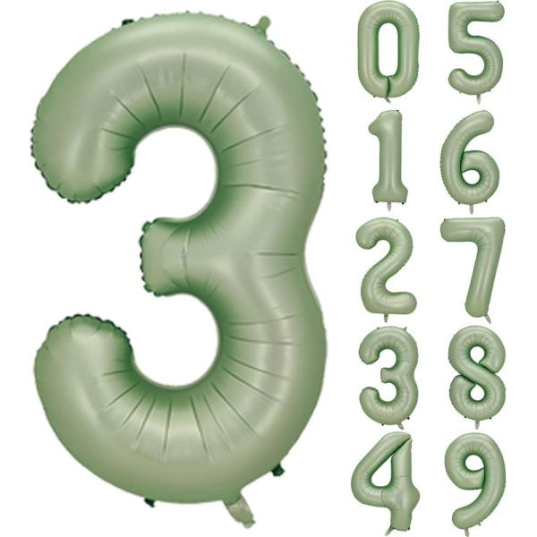 Numero 3 ilmapallo, suuri numero ilmapalloja 40 tuumaa, 3. syntymäpäiväjuhlakoristeet Kolmannen syntymäpäivän kylttisisustus, Sage Green