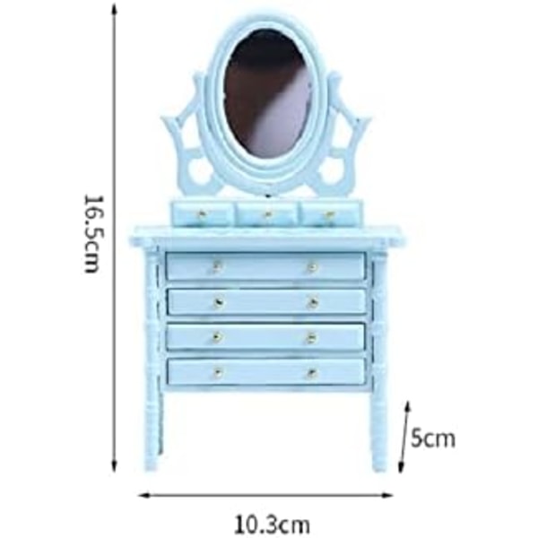 Miniature dukkehus vaskebord Møbler Makeup Toiletbord med spejl og 4 skuffer Minihustilbehør Udsmykning til stuen (blå)