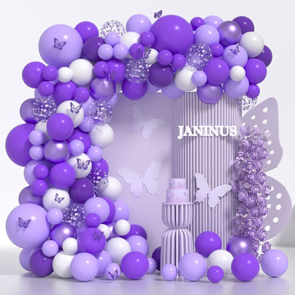 Violetti ilmapallokaarisetti Laventeli-ilmapallokaari violetilla perhosella 136 kpl violetteja ja valkoisia ilmapalloja hääjuhlien koristeisiin
