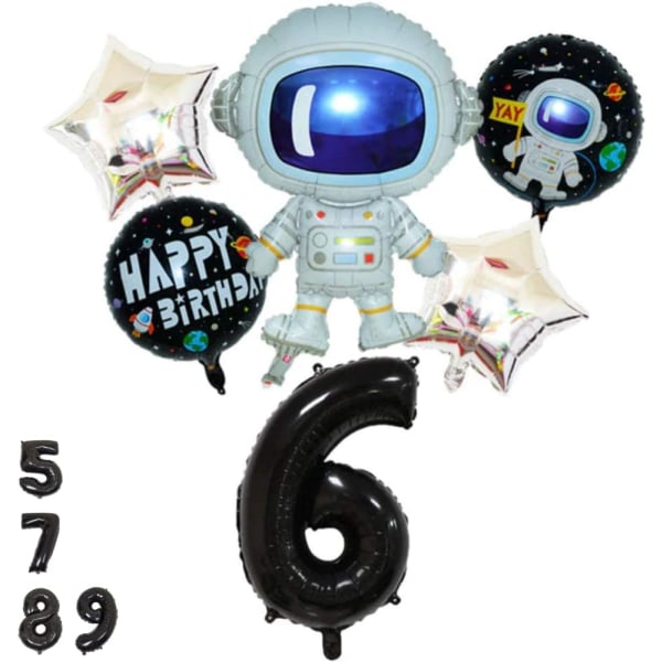 Romballonger Bursdag 6-års sett - Astronautballong, ytre romballonger, Nummer 6 Ballong Svart, 6-års-dekorasjonsutstyr Stjernefolie Stor