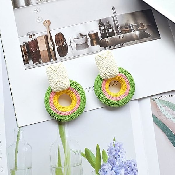 Statement Raffia Korvakorut Naiset Pyöreä Luuranko Boho Käsityönä Rattan Olki Kääre Geometrinen Riipus Korvakorut