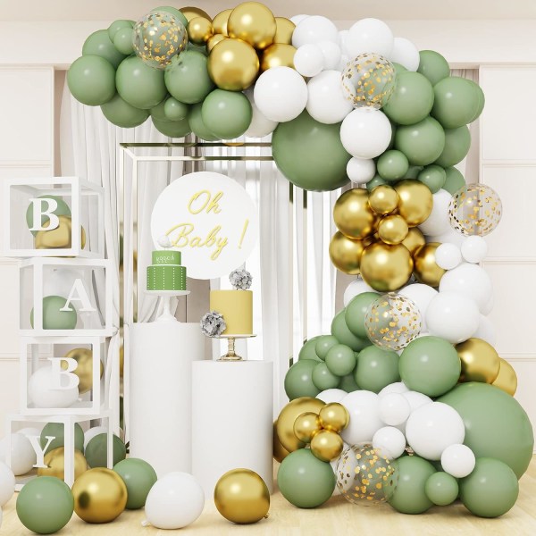 Sage Green Balloon Garland Arch Kit Oliivinvihreä Kulta Valkoiset Ilmapallot Baby Shower Syntymäpäiväjuhliin hääkoristeisiin