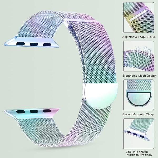 Naisten ja miesten ruostumattomasta teräksestä valmistettu verkkohihna magneettilukolla iWatch-rannekkeiden vaihtoon (41 mm/40 mm/38 mm, sateenkaari).