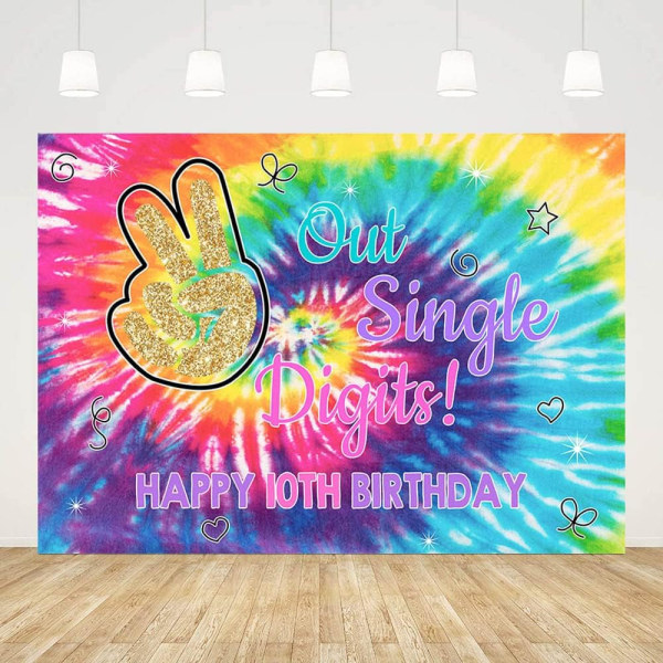 7x5ft Happy 10th Birthday Baggrund Regnbue Tie Dye Fotografi Baggrund Ud Enkelt Ciffer Jeg Er 10 Dekorationer Fødselsdagspige Fest Banner Rekvisitter