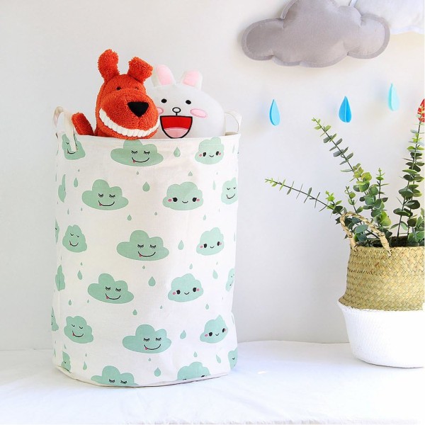 2-stykke legetøjsopbevaringskurv til børn, stor foldbar vasketøjskurv Bomuldsopbevaringsboks med håndtag - grønne skyer, hvid