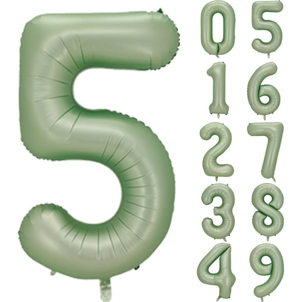 Nummer 5 ballong, stort antall ballonger 40 tommer, 5-årsfestdekorasjoner femte år gammel bursdagsskiltdekor, salviegrønn