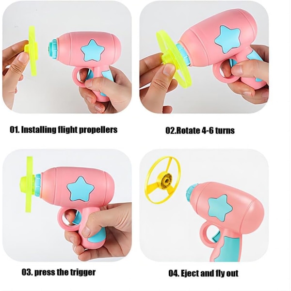 3-i-1 flygende disk-skyter leketøy for barn med 1 flygende tallerkenpistol, 4 katteparachute, 1 lysende propell, gyroskopspill (lyseblå stil)
