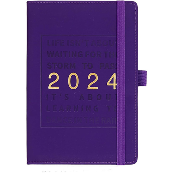 2024 Planlægger Faux Læder Cover 12 Månedlig Ugentlig Agenda Notebook med Elastisk Lukning Loop Serie Agenda Notebook, LILLA, 1stk