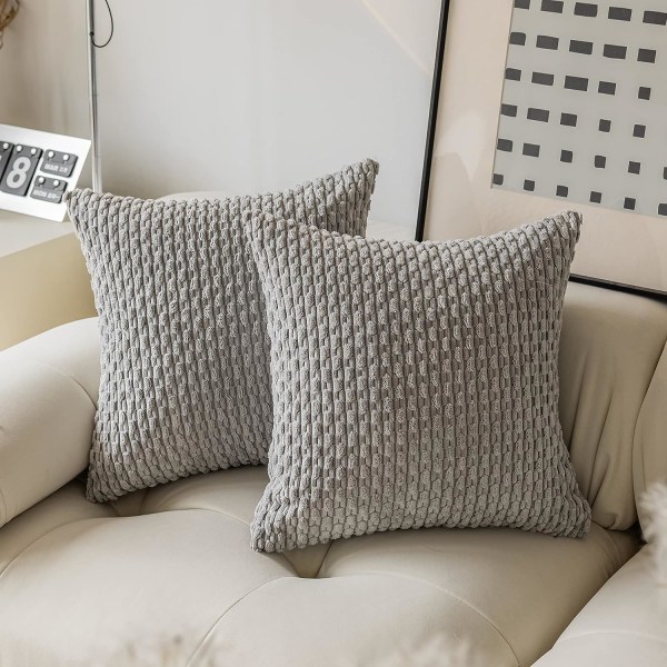 Sett med 2 Supermyk stripete kordfløyel, dekorative euro-puteputer Sham-putetrekk for seng, 20x20 tommer (50 cm), lys grå