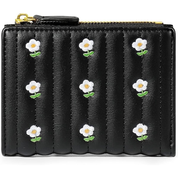 Liten lommebok for jenter Kvinner Trefoldet lommebok Kontantlommekortholder Myntlomme med ID-vindu elegant ungdommelig og søt- -blomster-balck
