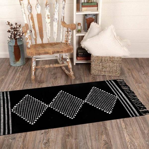 Boho køkkentæppe, vaskbart, sort, med vævede pomponer, bomuld, blødt, rektangulært, til entre, vaskerum (sort, 60 x 90 cm)