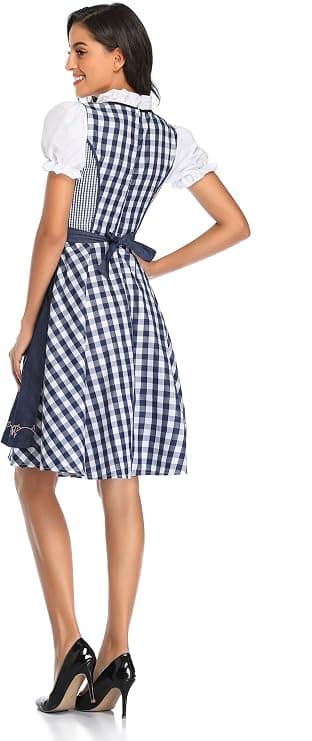Dirndl til kvinder, traditionel midikjole til kvinder, dirndl-kjole med blonder inkl. dirndl-bluse og dirndl-forklæde, 3 dele, til Oktoberfest og Dark blue L