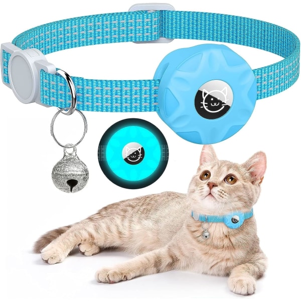 AirTag kattehalsbånd - innebygd reflekterende halsbånd med AirTag-holder - GPS - for kattunger og valper - med klokke - lysende blå