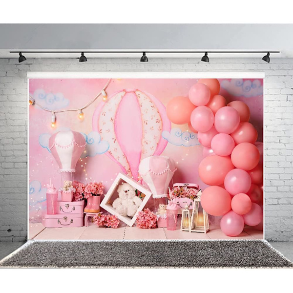Baby Bear födelsedag bakgrund rosa ballonger blommig flicka porträtt bakgrund fotostudio varmluftsballong fotocall rekvisita (7x5FT/2.1x1.5m)