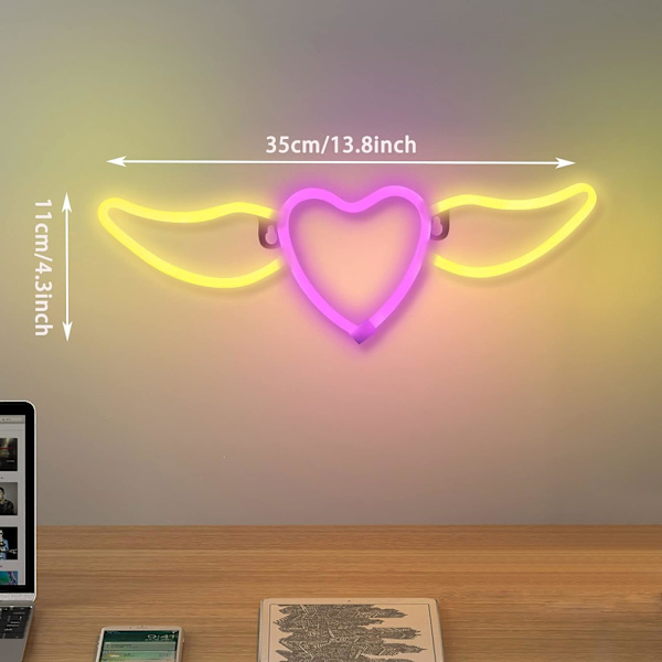 Neon skilte vægdekoration batteri eller USB-drevet til bryllup fødselsdagsfest soveværelse bord gave børnelegetøj indretning dekorationer (varm hvid vinger + lyserød hjerte)