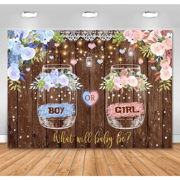 Ønskeflaske Gender Reveal Backdrop Dreng eller pige Hvad vil baby være rustik blomsterbaggrund Køn afslører Festdekorationer Bannerbaggrunde 7x5ft