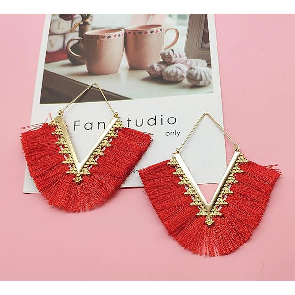 Statement Tassel Øreringe, Delikate Bohemian V-formede Tassel Hoop Øreringe Elegante Frynser Drop Dangle Øreringe til Kvinder Piger