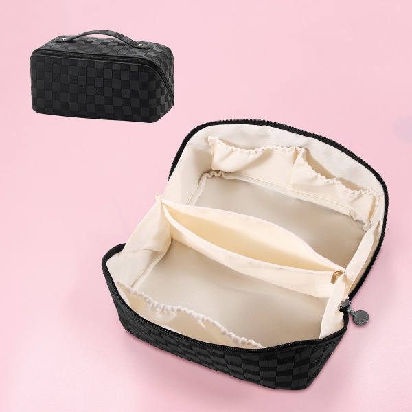 Meikkilaukku - Suurikokoinen matkakosmetiikkalaukku naisille, monitoiminen avoin, litteä hygienialaukku kahvalla, musta