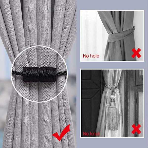 4 kappaletta 16 tuuman magneettiset verhotangot, käsintehdyt sivunaru, kätevä sylinterimäinen sisustusverhotangot kodin toimistoikkunaan (musta)