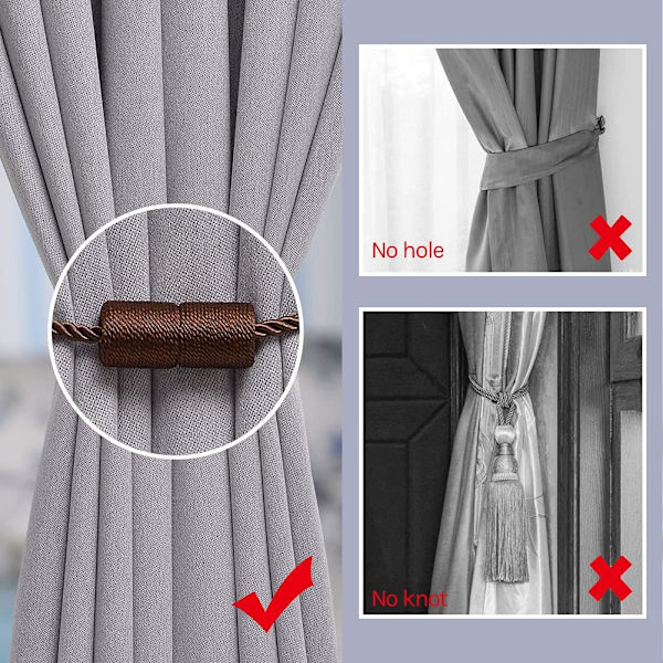 2 kappaletta 16 tuuman magneettiset verhotangot käsintehdyt punotut köydet kodin toimiston ikkunan verhoihin (tumma kahvi)