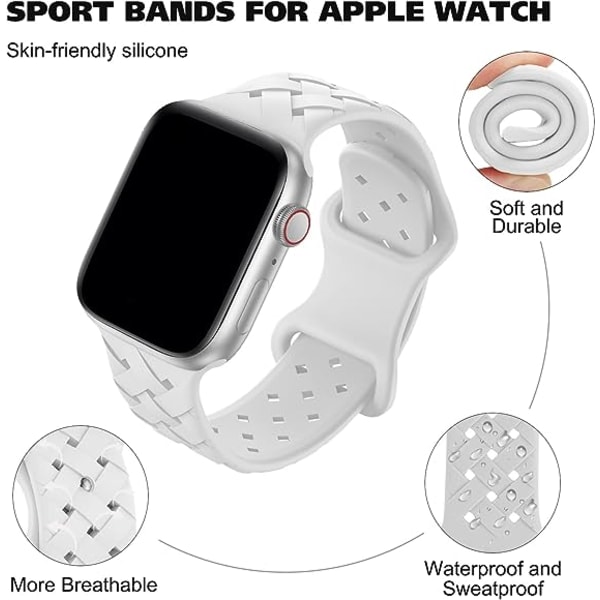 Silikonflettede vevbånd kompatibel med Apple Watch 42mm 44mm 45mm 49mm, erstatningssilikon sportsstropp for kvinner menn-hvit