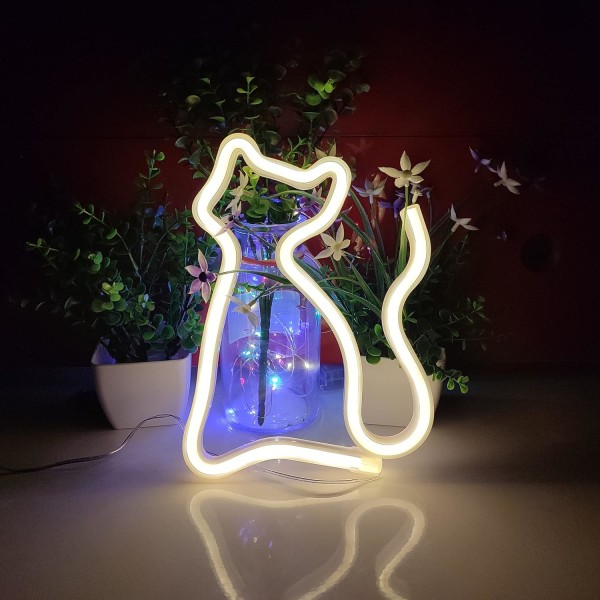 Cat Neon Signs,USB or 3-AA Battery Powered Neon Light,LED Lights Table Decoration,Girls Bedroom Wall Décor,Kids Birthday Gift(Warm)