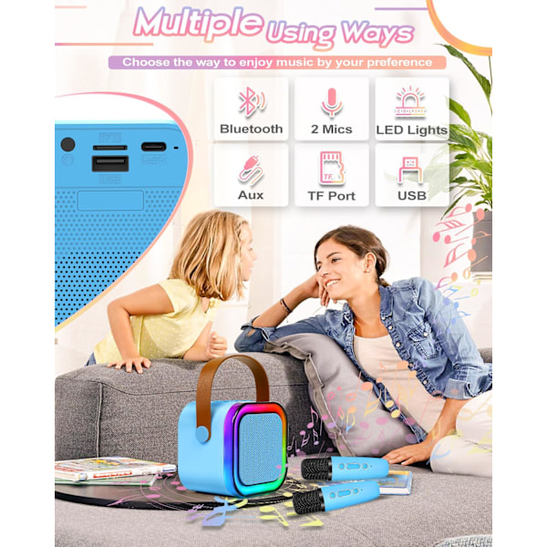 Karaoke-laite lapsille, 2 langatonta mikrofonia, kannettava Bluetooth-kaiutin, lasten karaoke-laite tytöille LED-valoilla, hauskoja syntymäpäivälahjoja 4 5 6 -vuotiaille Blue