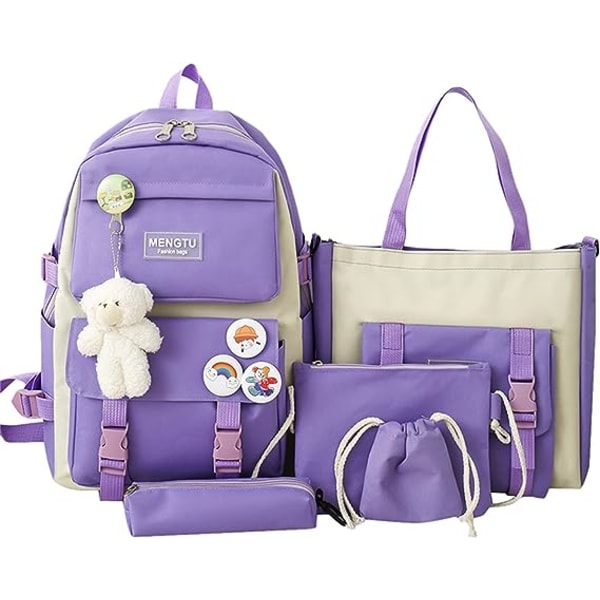 Kawaii Set 5 kpl Esteettisiä koululaukkuja söpö reppusarja, jossa on riippuva lounaskassi, case, käsilaukku, kolikkokukkaro-violetti