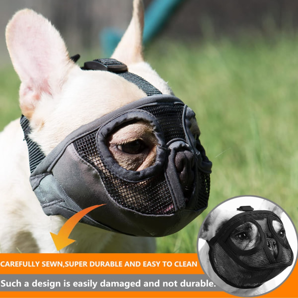Kort snude hundemundkurv - Justerbar åndbar mesh bulldog mundkurv til bidende tygge slikke pleje hundemaske, sort, XXS
