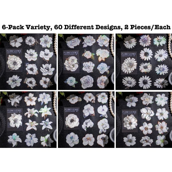 120 st svartvita blomdekaler, glitter vattentät dekoration för scrapbooking Trash Journaling Bullet Notebook Vattenflaska Pappershantverk