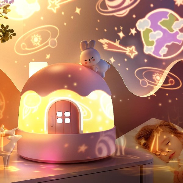 Nattljus för barn, 14 filmer 360° rotationsljus Projektor för barn, laddningsbar present för inredning i sovrummet för flickor Pojkar (kanin)
