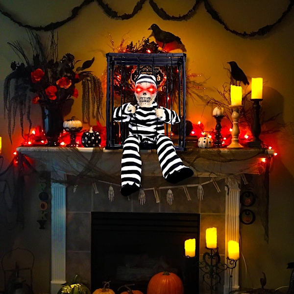 Animoidun Halloween-koriste, animoitu kallohaamu riippuva koriste-esine pelottavalla äänellä ja kosketusaktivoidulla anturilla, vanki, kummitustalo
