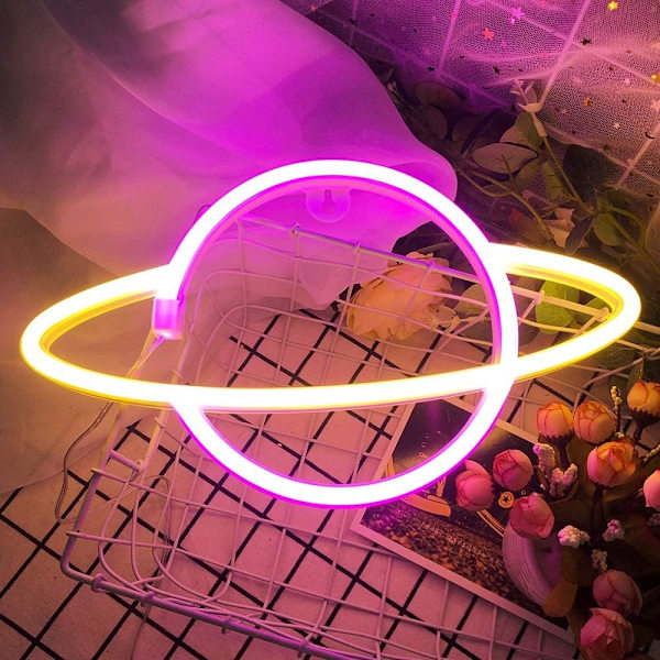 Neon-skilt - planet/neonlys til soveværelset | Neonskilte til vægdekoration lyser op til fødselsdagsbryllupsfest juleværelsesdekorationer (pink & gul)