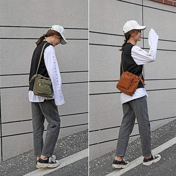 Kvinnor Liten Canvas Handväska Crossbody Väska Dam Söt Liten Dragsko Hink Boho Handväskor