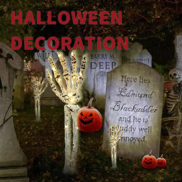 Halloween utomhusdekorationer, set med 2 upplysta skelettarmar, 40 LED-lampor, självlysande dekoration för julfest, inomhus- och utomhusdekoration