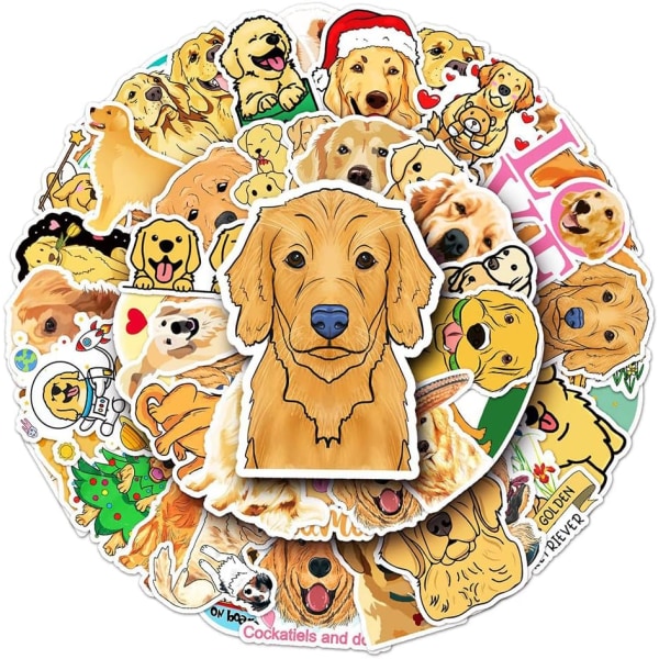 Golden Retriever-klistermærker | 50 stk. | Søde hundevynil-klistermærker, der er vandtætte til bærbare computere, telefoner, bagage, kolber, vandflasker, cykler, biler, tablets, klistermærkepakke